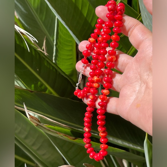 Red coral bead solid sterling silver long necklace - Picture 6 of 9